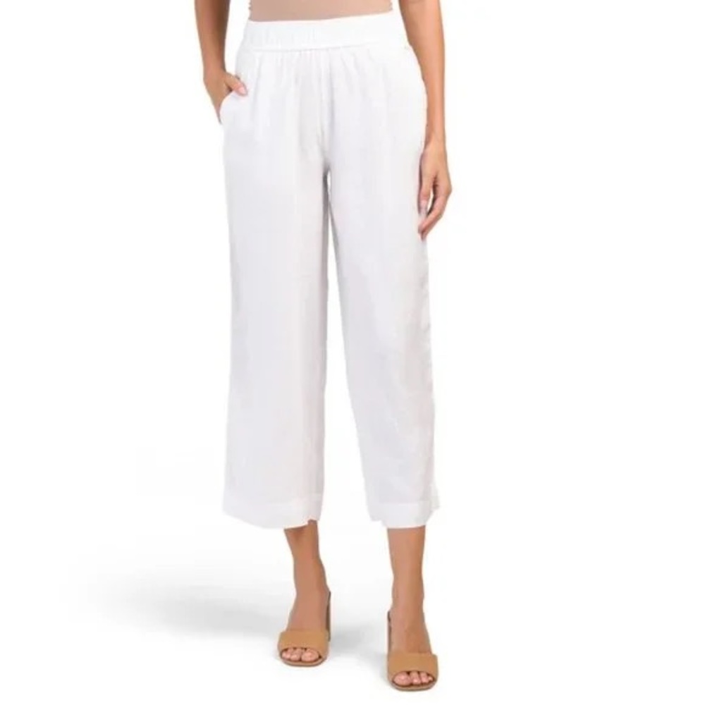 White Tahari Linen Cropped Pants with Elastic Waist & Pockets - Size Small